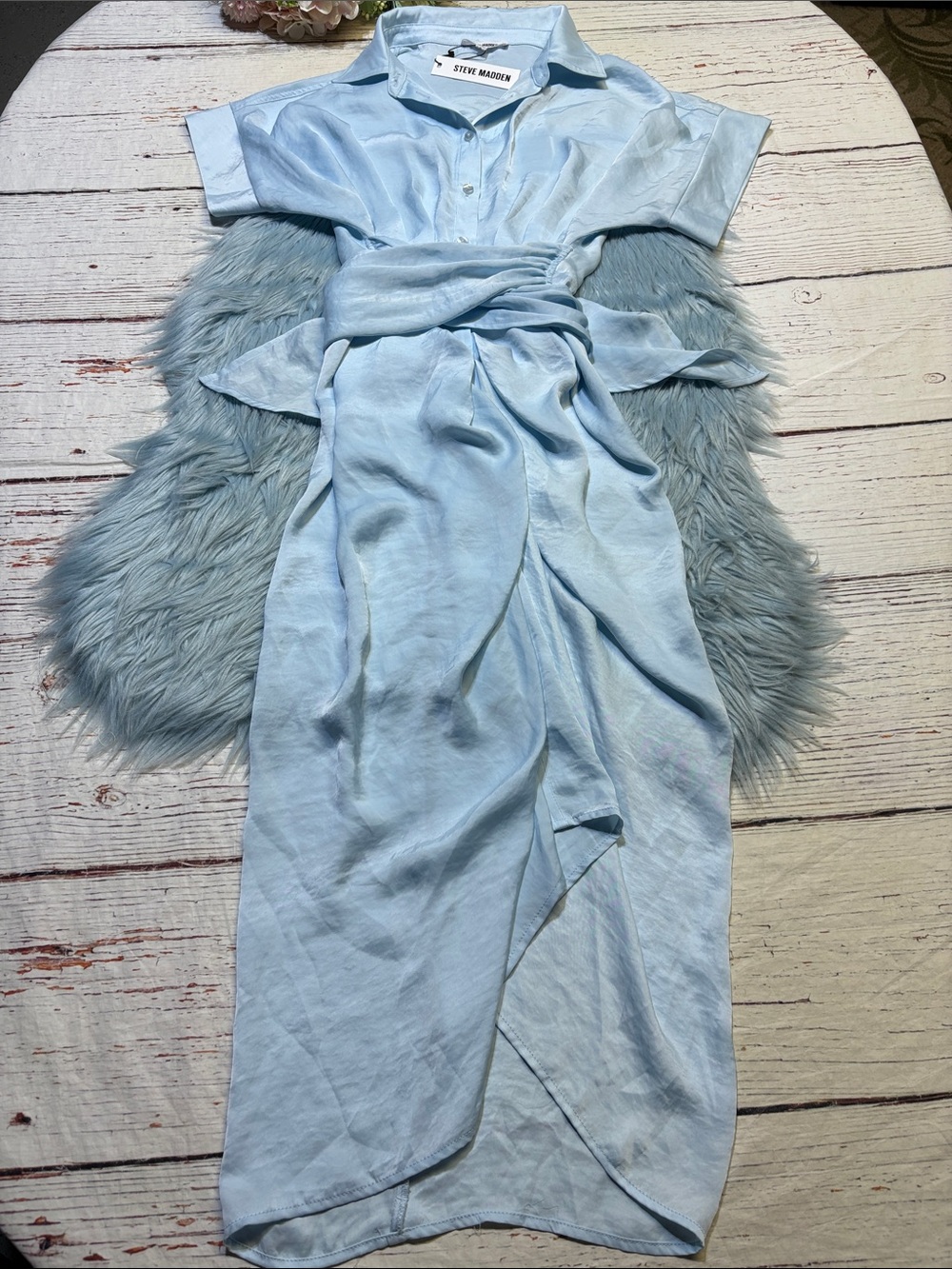 NWT Steve Madden Tori Tie Front Midi Shirt Dress Light Silky Blue Sz 6
